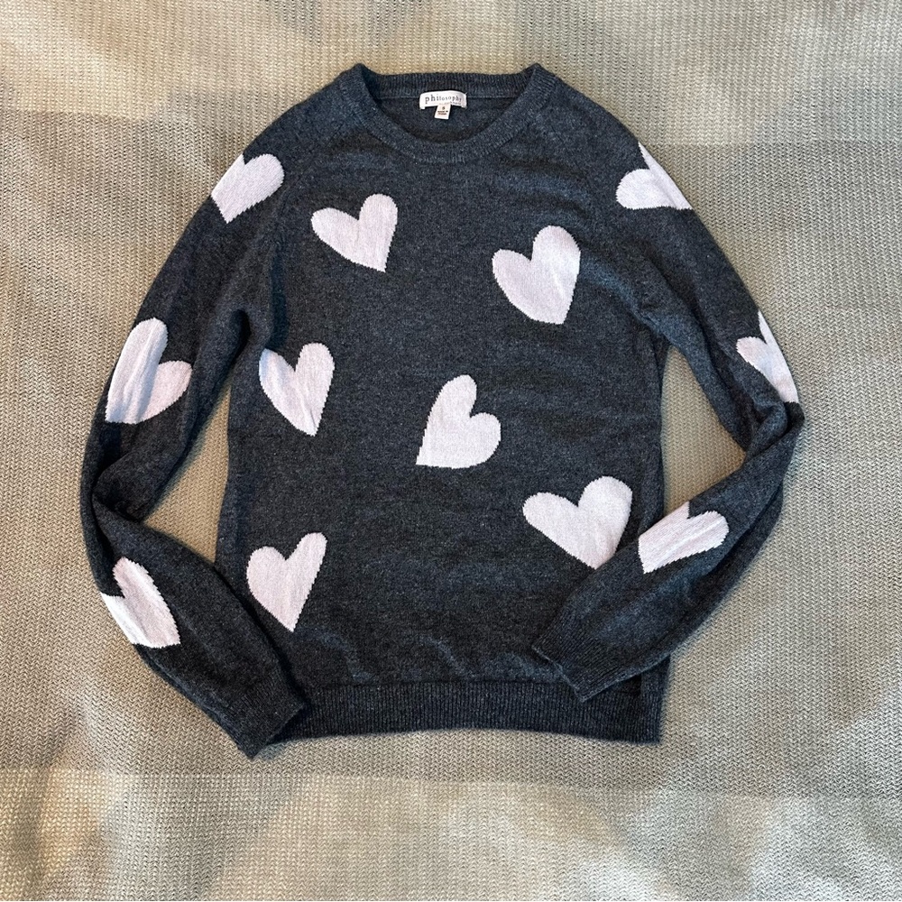 Philosophy Cashmere Gray and Pink Heart Crew Neck Sweater